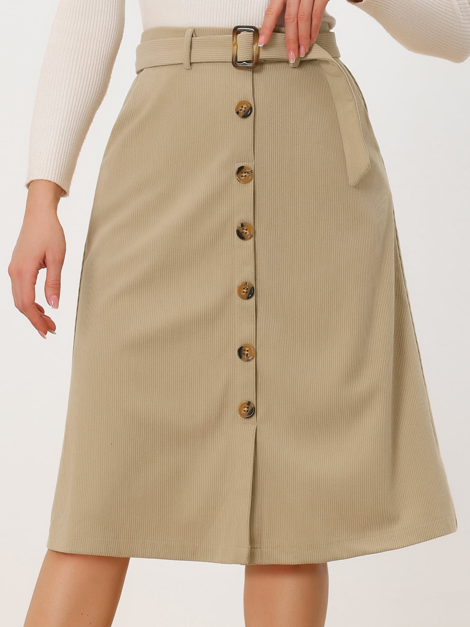 DARING DIVA Women's A-Line Button Front Belted Midi Skirts XL Khaki