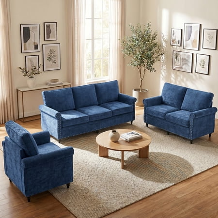 Mjkone Chenille Sectional Sofa Sets,3 Pieces Living Room Furniture Sets,Couch Sets for Living Room,3-Seater + Loveseat + Armchair,Navy Blue