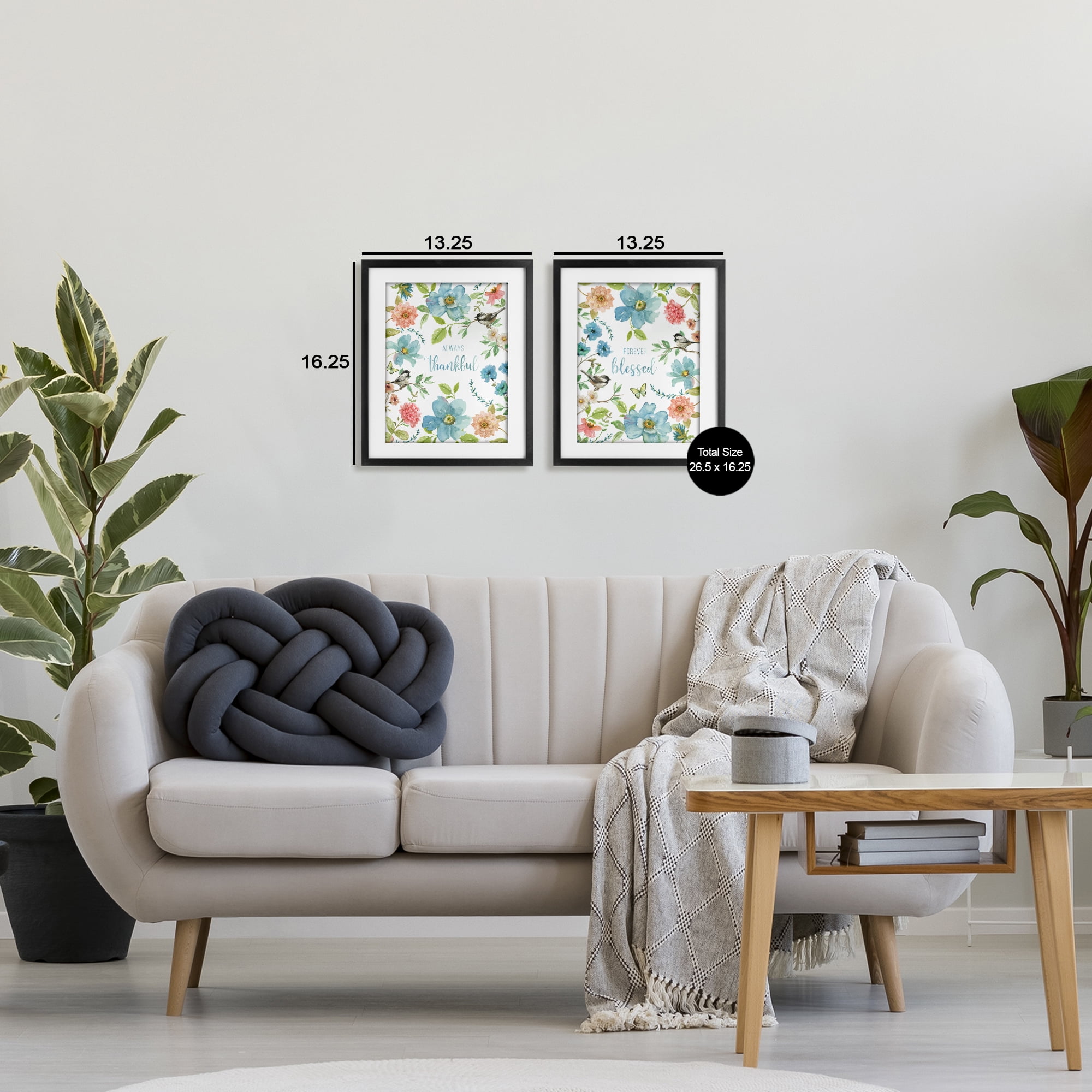 Stupell Industries Pink & Blue Gratitude Blooms 2 Piece Black Framed Print Under Glass Set, design by Nan