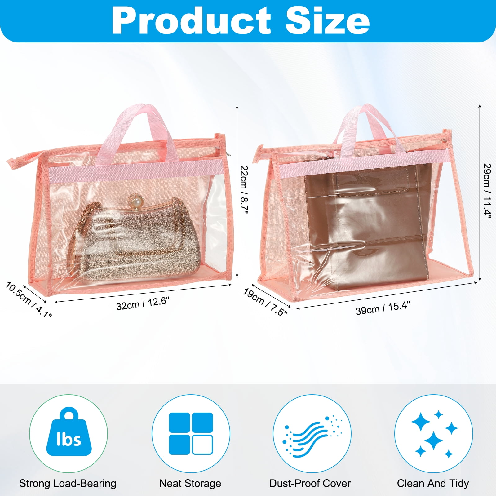 Dust Bags for Handbags, Clear Handbag Organizer Bags Hanging Purse Storage Protector Bag with Zipper Handle for Shoe Scarf Clothes Hat, Pink(2 Bags)