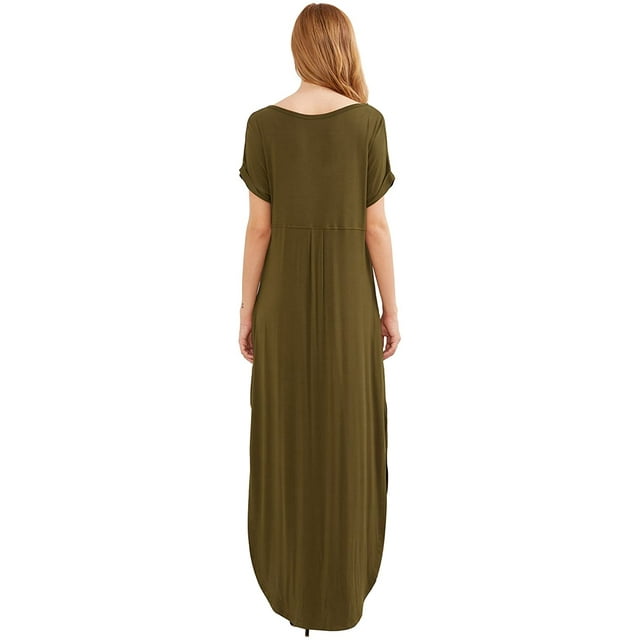 Women's V Neck Side Pockets Split Hem Beach Long Maxi Dress