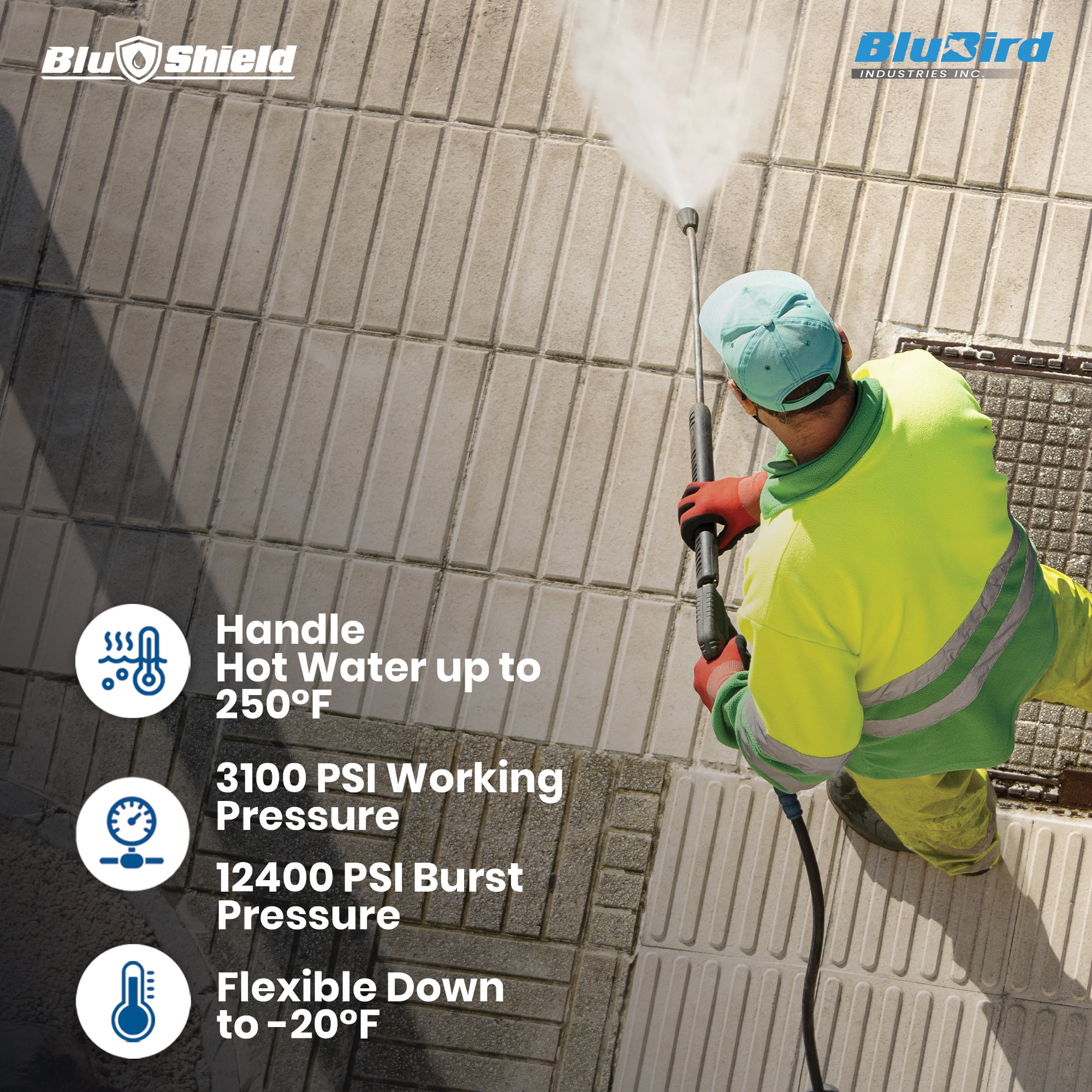 BluShield 1/4" x 50' Polyester Braided Rubber Pressure Washer Hose, 3100 Psi, Handle 250°F Hot Water, Heavy Duty, 35% Lighter, Flexible (1/4" x 50' M22 Non Marking)