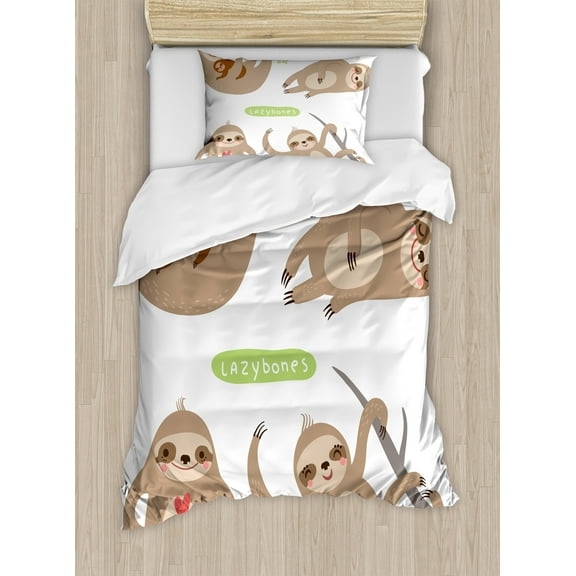Sloth Duvet Cover Set, Pattern of Funny Lazy Sloths Hugging Family Romance Love, Decorative 2 Piece Bedding Set with 1 Pillow Shams, Twin Size, Pale Brown Grey Green, by Ambesonne