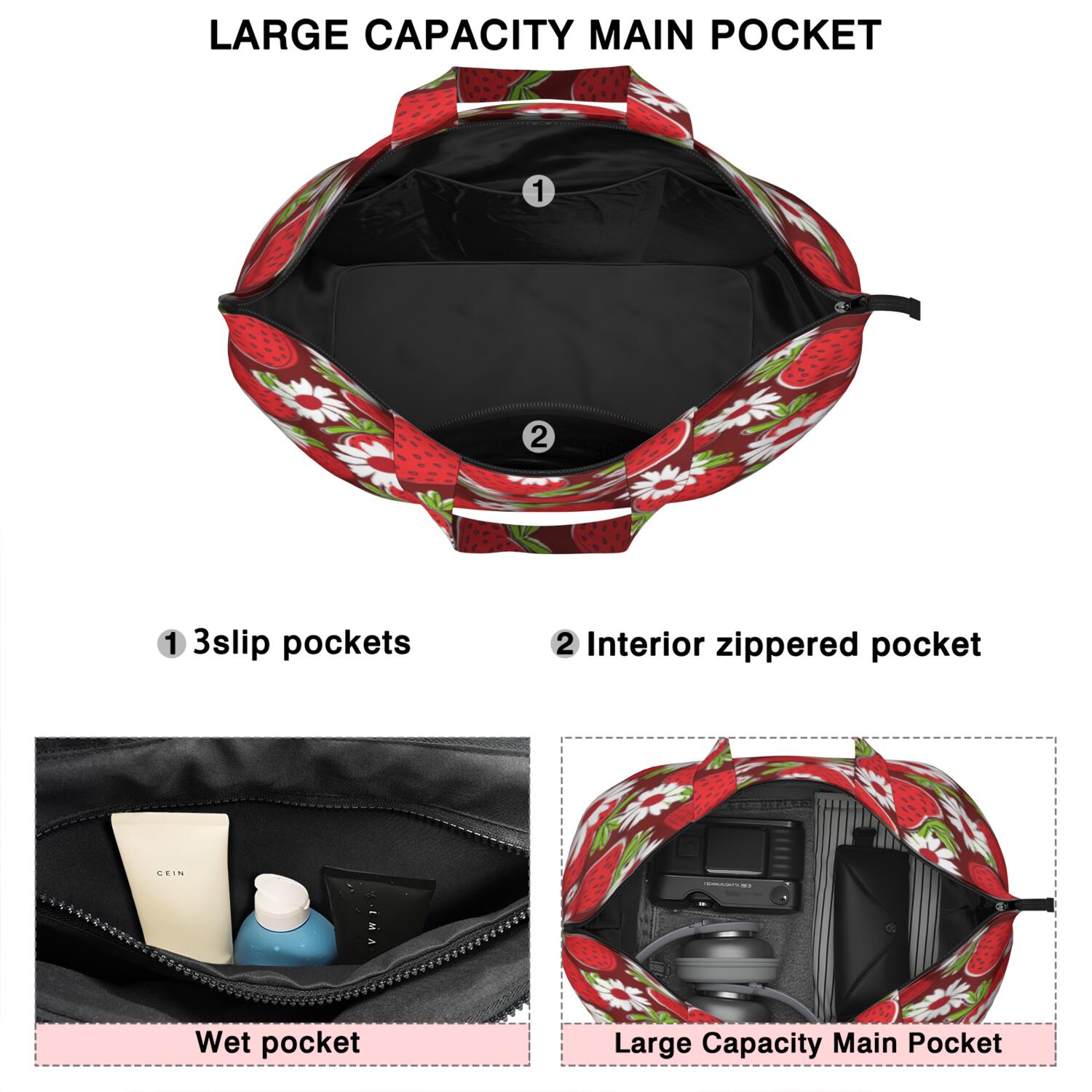 Red Strawberry Plants Fruit Flower Travel Tote Bags for Women Carry On,Large Weekender Bags for Women Travel,Multi Functional Duffle Bag for Work,Shopping,Sports
