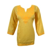 Mogul Womens Indian Tunic Top Yellow Kurta Floral Embroidered Cotton Boho Chic Blouse Dress S