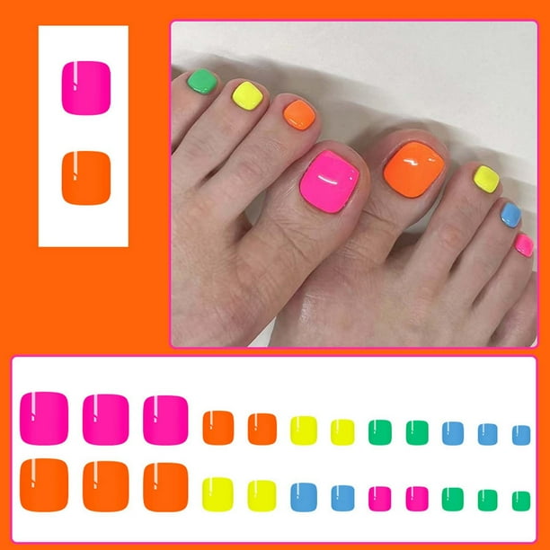 Uñas postizas cortas, brillantes y coloridas para los pies, ideales para el verano. Parches para uñas, dulces y elegantes, 24 unidades.