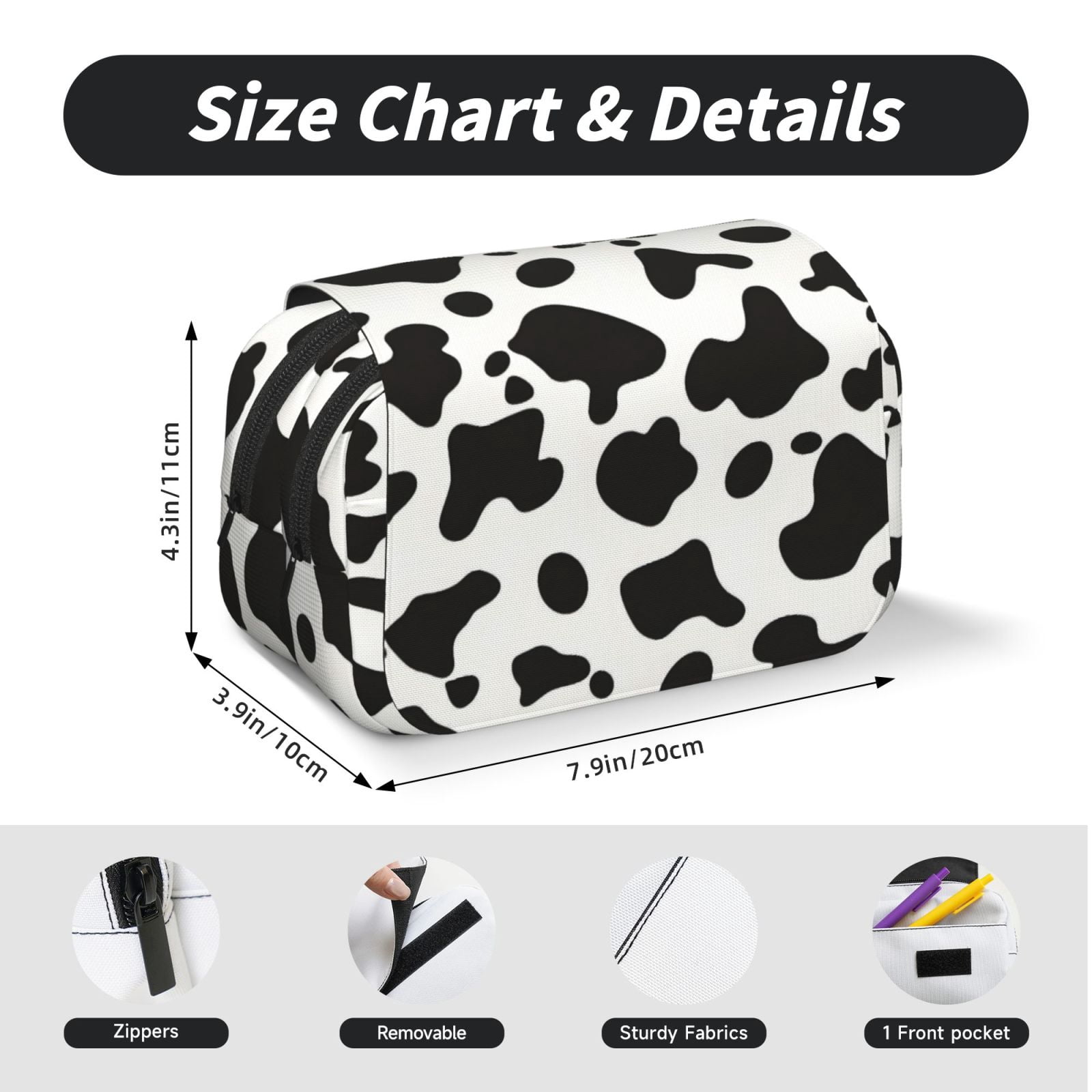 Large-Capacity Flip-Top Double-Layer Pencil Case, Multi-Functional Pocket Pen Case, Durable Stationery Organizer Simple Cow Print Pattern, Vector Art Style_3