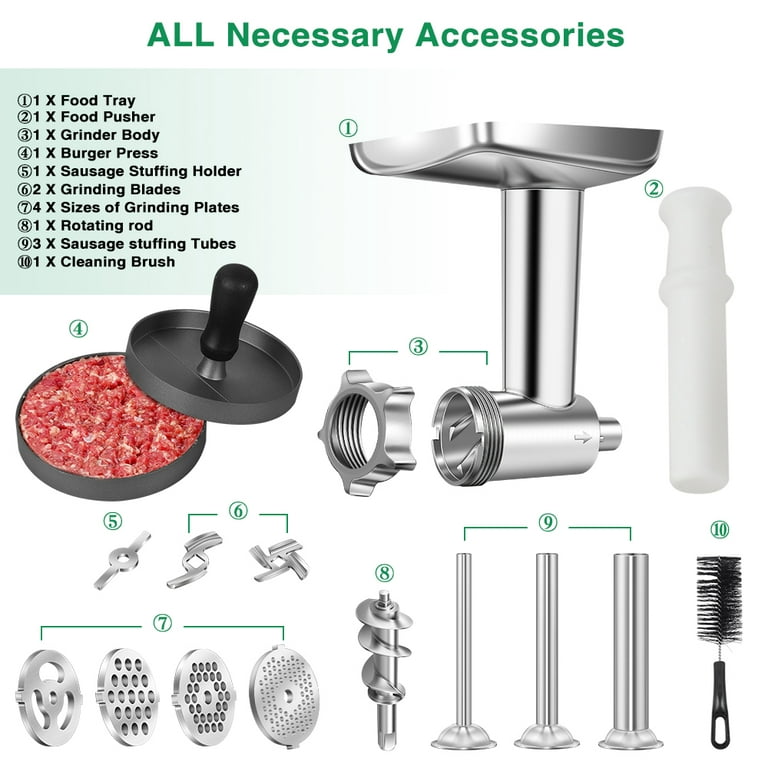 Stainless Steel Food Grinder Attachment fit KitchenAid Stand Mixers  Including Sausage Stuffer, Perfect Attachment for KitchenAid Mixers