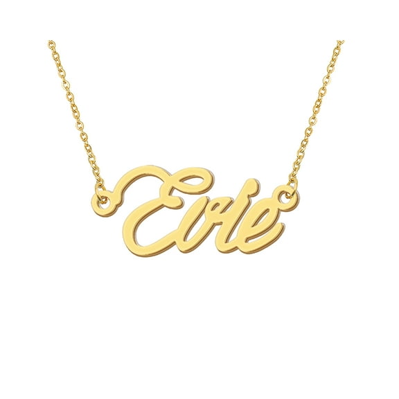 HUAN XUN 18k Gold Plated Evie Name Necklace Stainless Steel Nameplate Necklaces for Womens Mens Mother Day Christmas Jewelry Gift