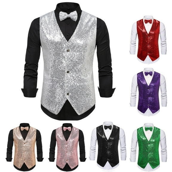Mens Sequins Vest formal/Leisure V-neck Shiny Waistcoat Bowtie Set Prom Party Tuxedo Size 2XL Silver