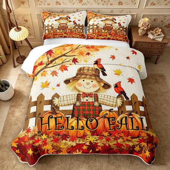 Erosebridal Cartoon Scarecrow Birds Twin Quilt Set 2 Pieces,Fall Harvest Twin Coverlet Set,White Orange Brown,1 Bedspread and 1 Pillowcase