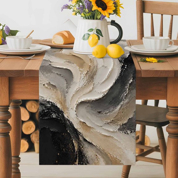 Burlap Table Runner 72 Inches Long, Neutral Beige Black Impasto Swirl Non-Slip Kitchen Table Runners for Dining Room Everyday Use Party Table Decorations Abstract Oil Painting