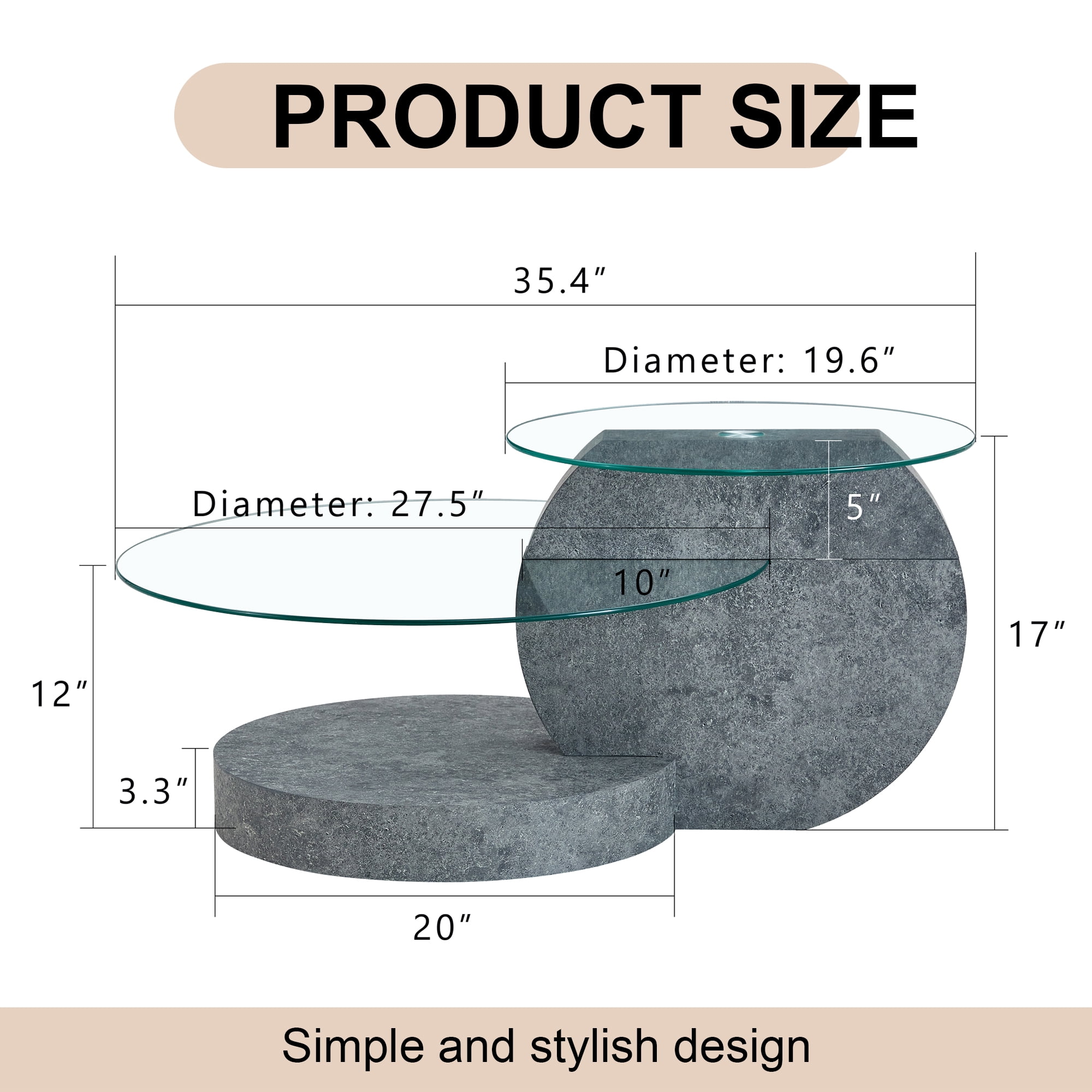 JUFU 35.4" Glass Coffee Table, Modern Round Coffee Table with MDF double-layer Gray Stone Texture Base, 2-Tier Tempered Glass Top, Easy to Assemble, Ideal for Living Room, Small Space, Home Office