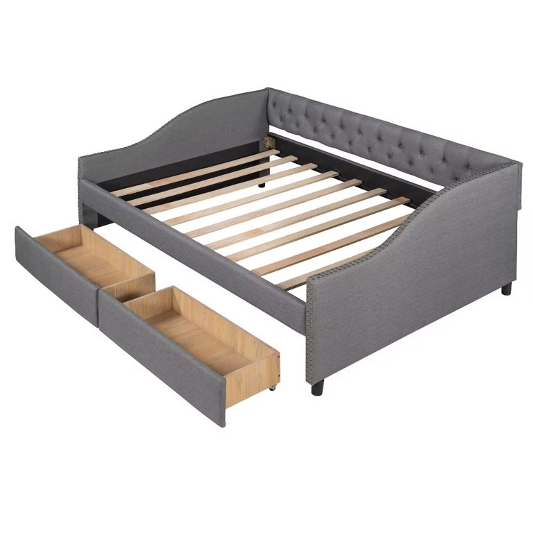 Full Size Upholstered Daybed with Two Drawers, Tufted Sofa