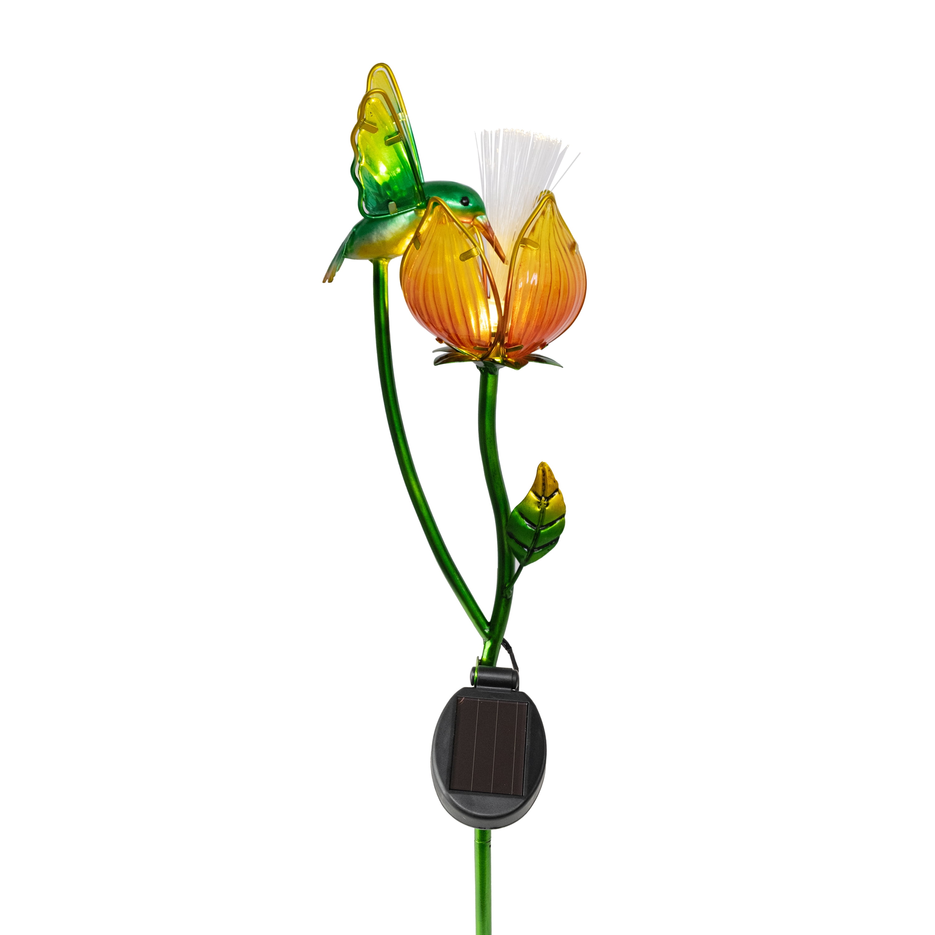 Better Homes & Gardens Solar LED Flower With Hummingbird Glass & Metal Stake Light Outdoor Décor, 5.7"W x 6.5"D x 28.1"H, 1.1 lb weight