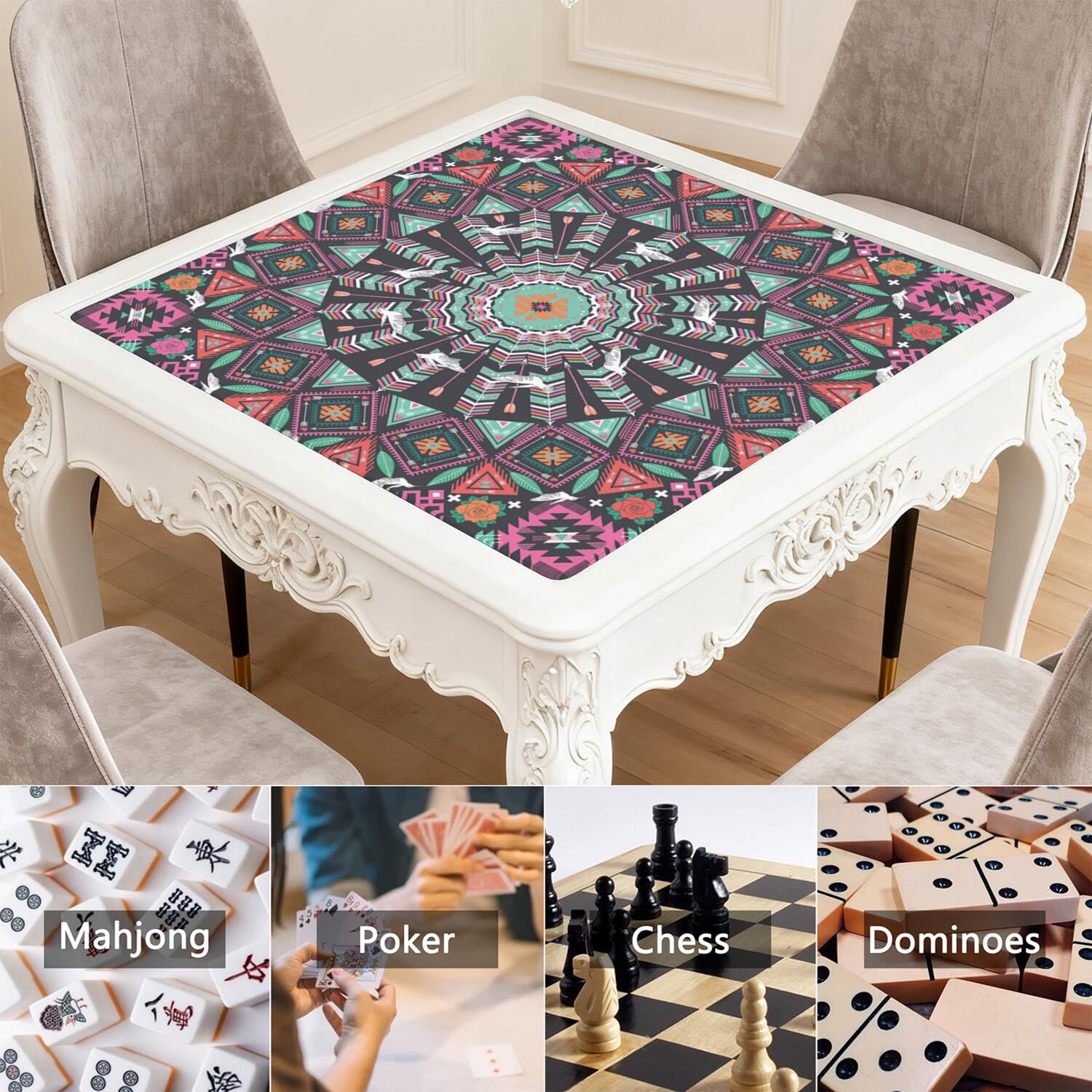 Classic Boho Pattern Non-Slip Game Room Mat 31.5 Inch Square Rubber Mahjong Playing Surface with Noise Dampening for Card Games and Board Game Nights