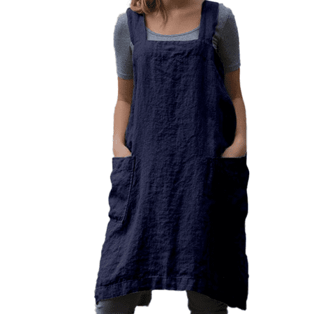 

Women’s Square Apron Baking Cooking Gardening Works Cross Back Cotton/Linen Blend Dress Blue XL