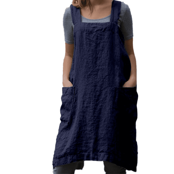 Delantal Mujer Algodón Lino Homewear Suelto-Azul Marino-M Adepaton CPB-DE-LYY1705-4