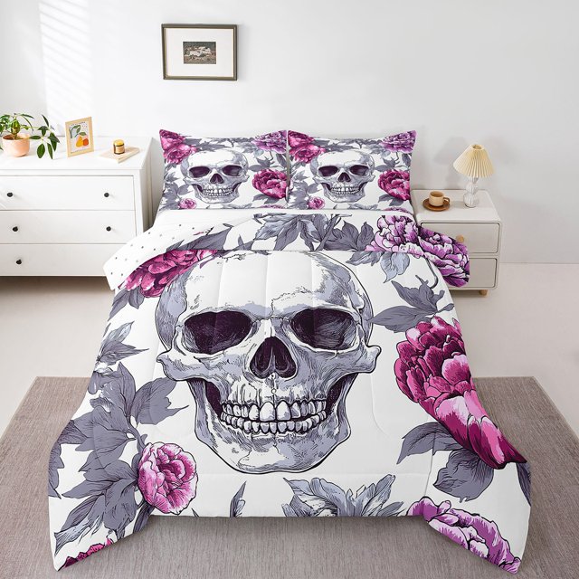 Erosebridal Halloween Skull Bedding Twin Comforter Set,Gothic Flower Down Comforter,Floral Decor,Reversible,Lightweight,2-Piece
