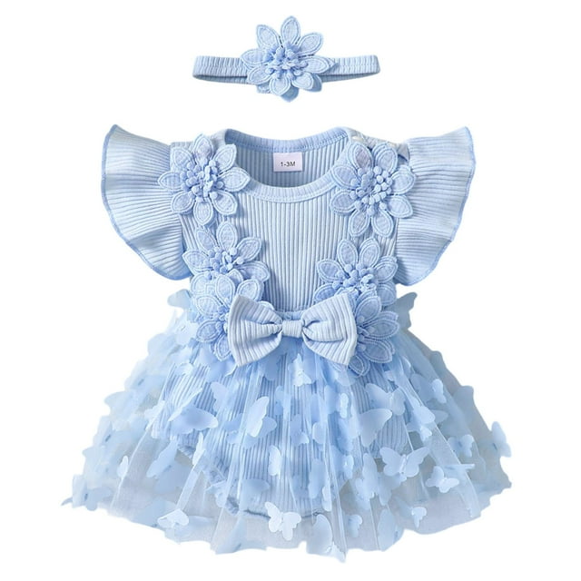 WEIYLL Boy's Jumpsuits Mesh Ribbed Butterfly Applique Knit Summer Fly Short Sleeve Blue Baby Playsuit for 3-6 Months
