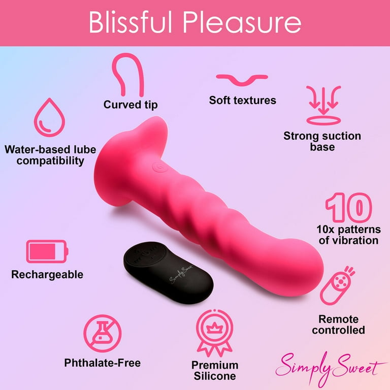 Simply Sweet Ribbed 21X Vibrating Silicone Dildo for Women with Suction Cup  & Remote control, Pink