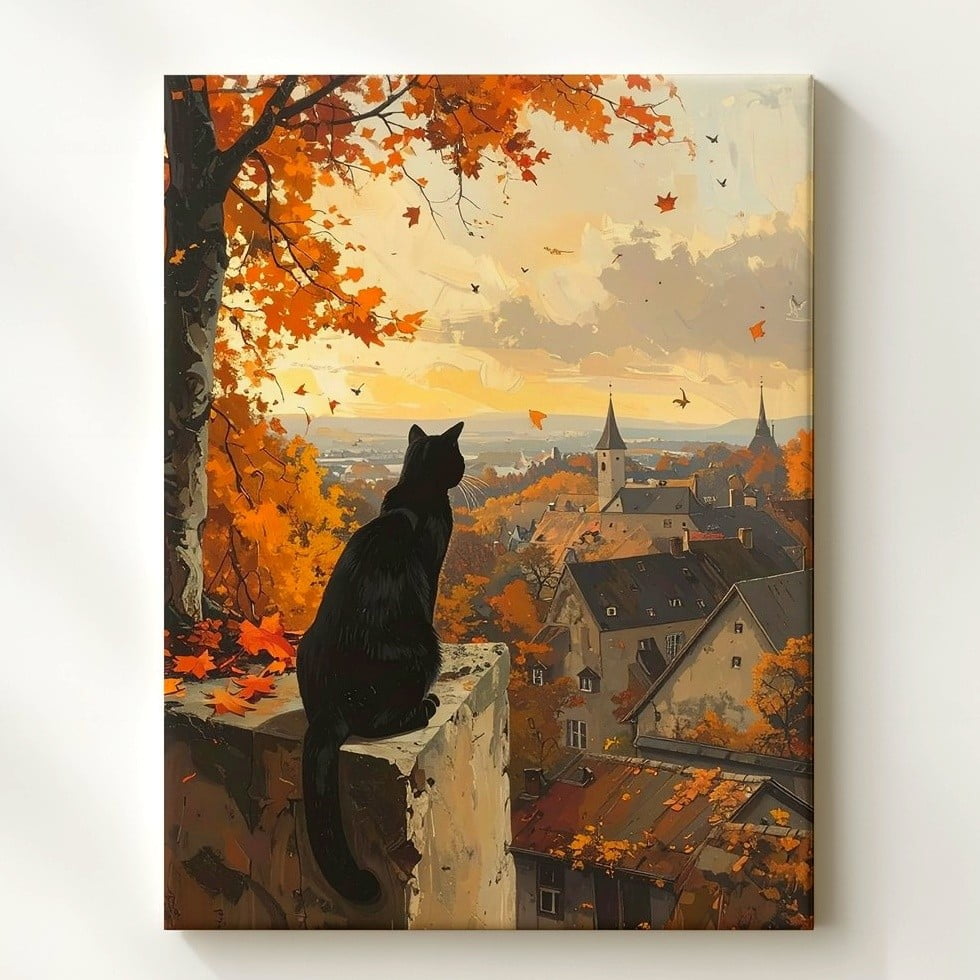 Autumn Cat Village Wall Art Print Dreamy Landscape Decor