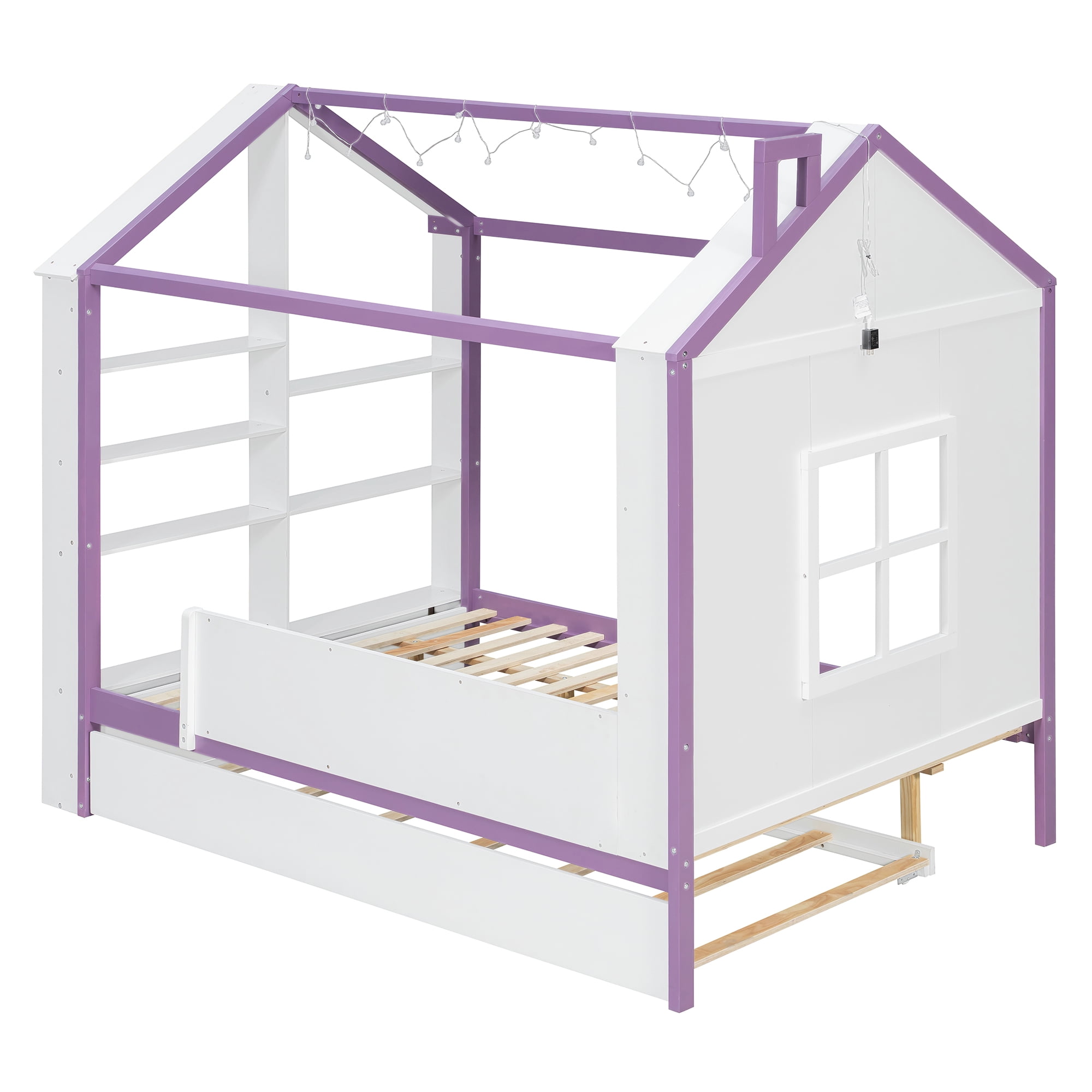 Full Size House Bed Frame with Pull-Out Trundle, Tail End Storage Shelves and Cool White LED Lights, White+Purple