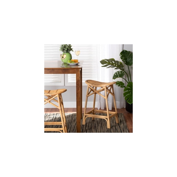 Global Glam Modern Bohemian Natural Brown Counter Stool - 18.75"L x 13.2"D x 26"H with Bent Seat, Ergonomic Footrest, and Angled Legs