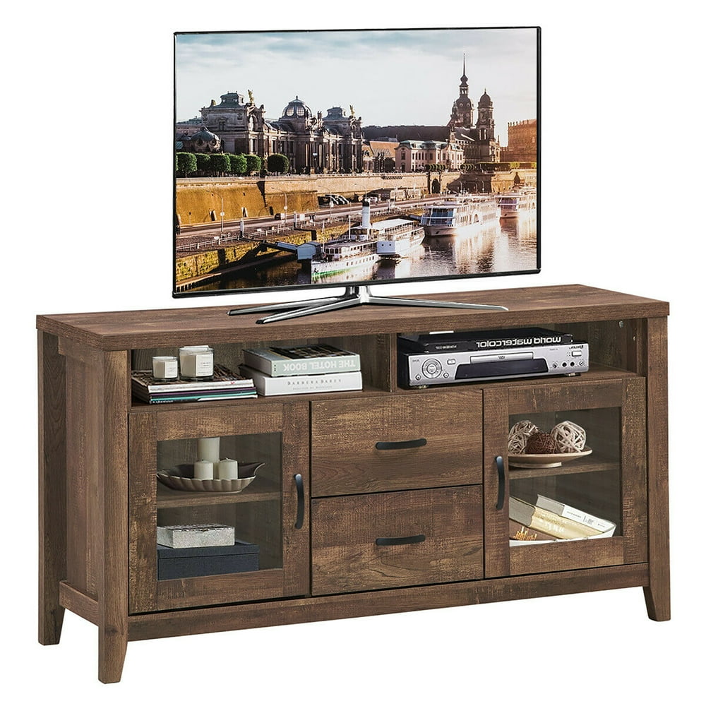 Costway TV Stand Tall Entertainment Center Hold up to 58'' TV w/ Glass
