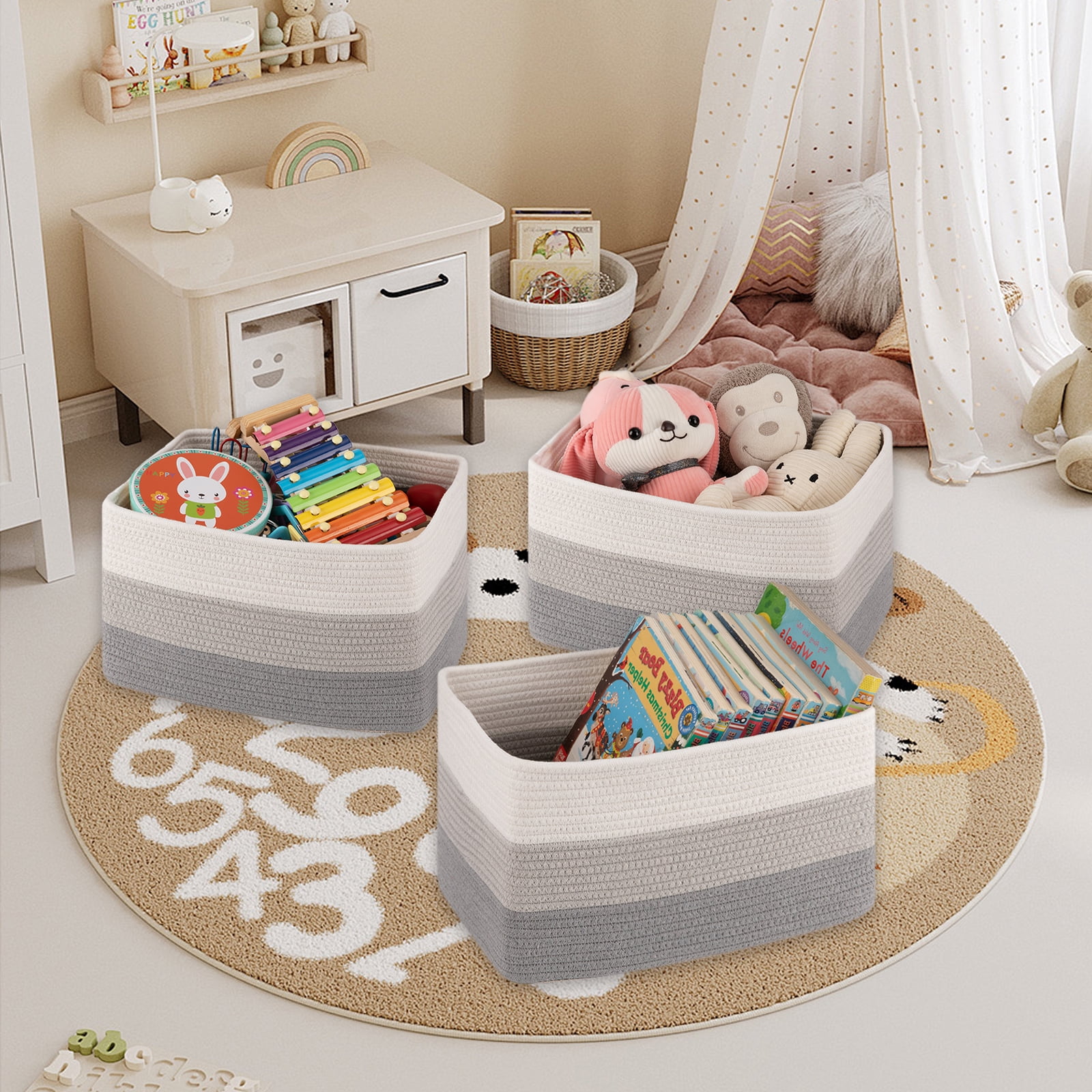CHERISHGARD Storage Basket, Laundry Basket 3 Pieces, Woven Baskets for Storage for Toys, Towel