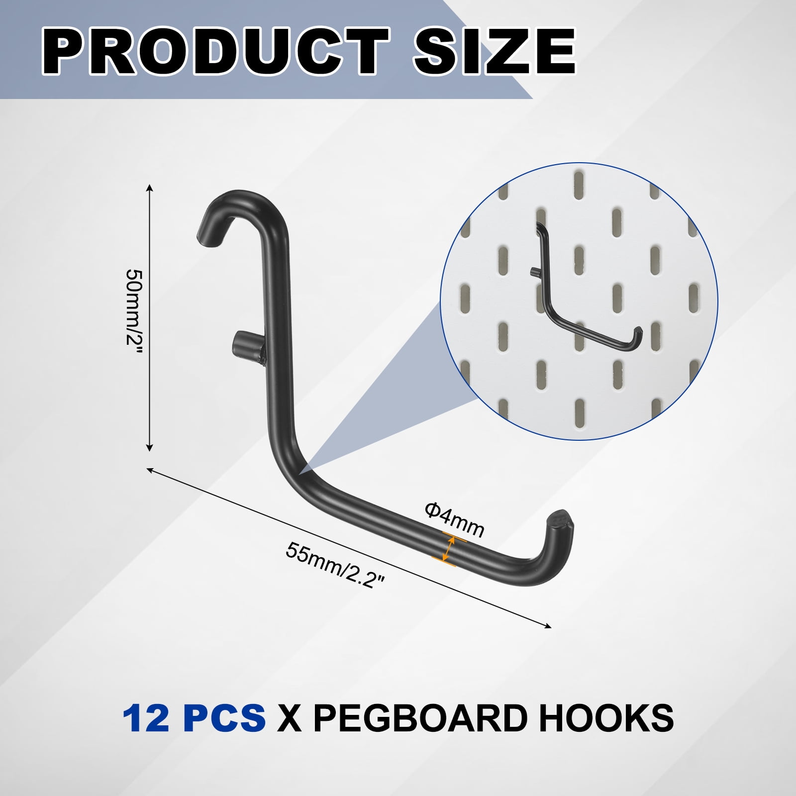 Uxcell 12Pcs Pegboard Hooks, 2.2 x 2 in Metal Peg Board Hooks for Hanging Fit 5x16mm, Black