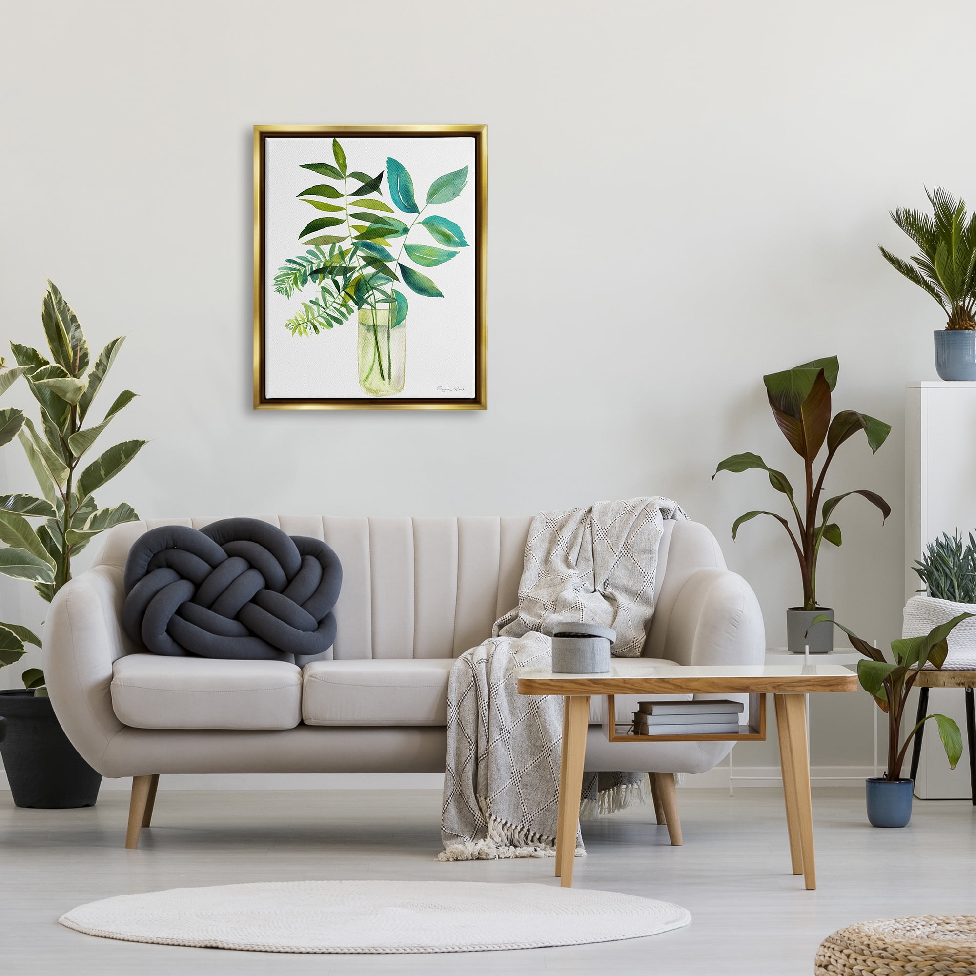 Stupell Industries Simple Green Leaf Sprigs Vase Botanical & Floral Painting Gold Floater Framed Art Print Wall Art