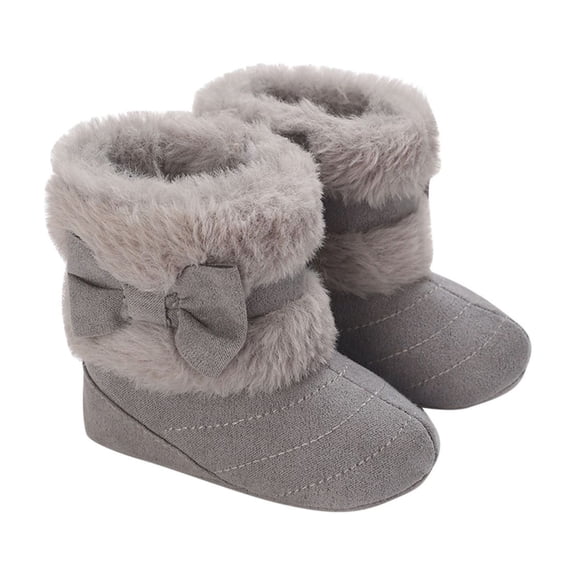 Xfvqtps Infant Girls Boots with Gripper Soles Plush Calf Bow Cute Sweet Thickened Insulated Warm Non Slip Hook and Loop Cozy Soft Winter Crib Sock Shoes First Walking Shoes Gray