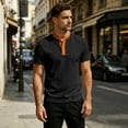 thumbnail image 4 of GrmtClth Men's Stand Collar Henley T-Shirt Color Block Short Sleeve Casual Button Top with Contrast Trim Black XL, 4 of 9