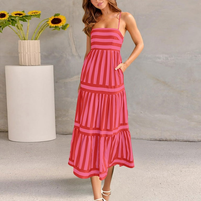 Ryrjj Women Striped Sleeveless Maxi Dress Swing Aline Midi Dress Backless Smocked Spaghetti Strap Boho Flowy Sundress(Red,M), Women's, Size: Medium
