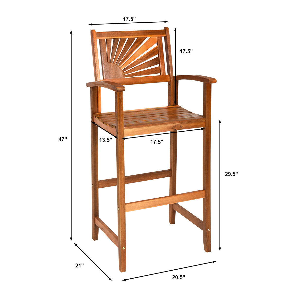 Gymax Set of 2 29.5" Bar Chair Acacia Wood Barstools w/ Sector Backrest & Slatted Seat