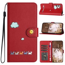 Phone Case for Samsung Galaxy A32 5G, Folding Faux Leather Cute Animal Pattern Wallet Flip Cover with Card Holder & Wrist Strap, Magnetic Closure Shockproof Kickstand Phone Case - Red