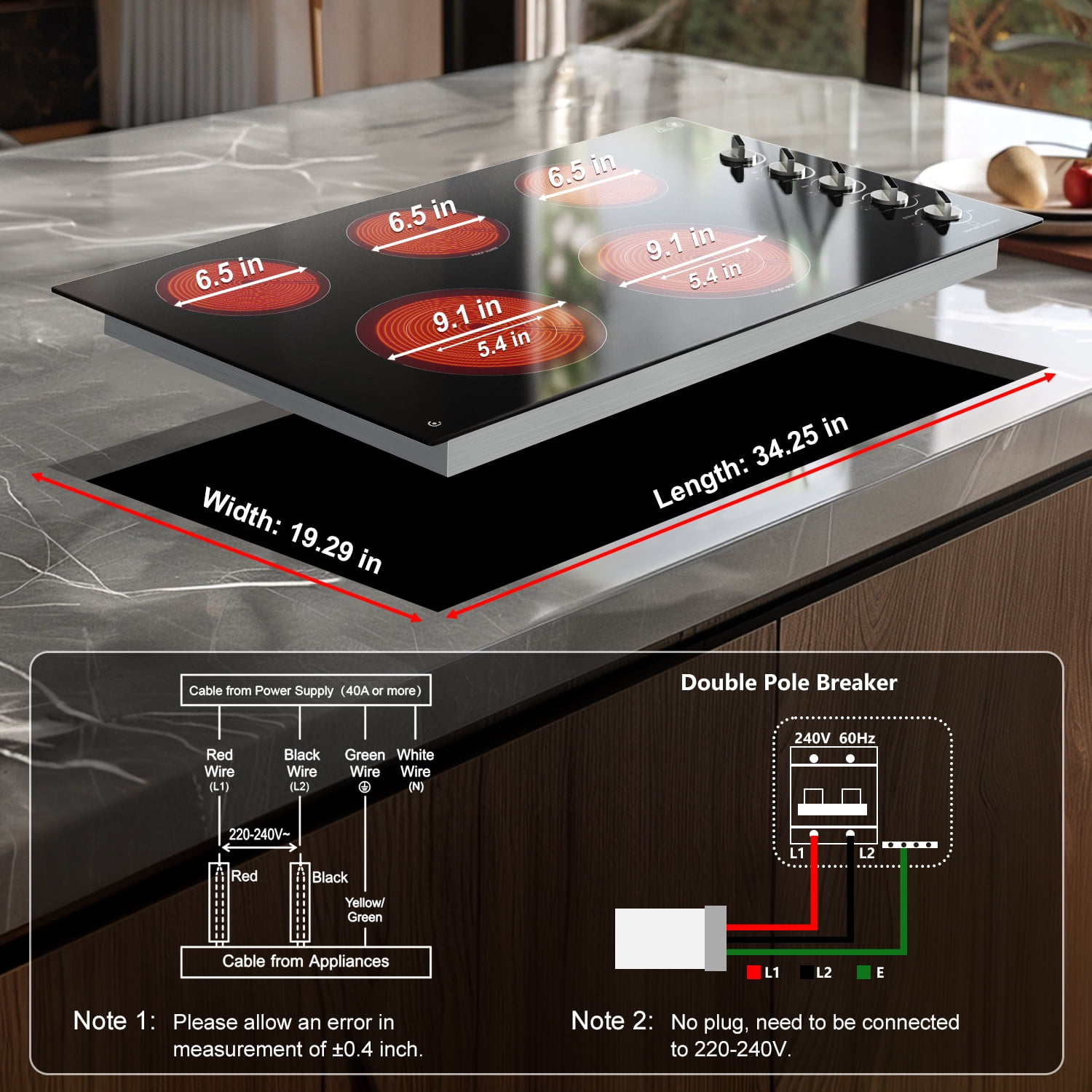 5 Burner Electric Stove, Sunmaki 36 inch Built-in Electric Cooktop 8900W Power Control by Knob for Home/Restaurant, 220V-240V