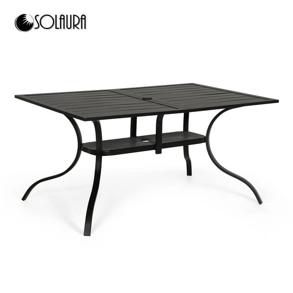 SOLAURA Outdoor Patio Dining Rectangle Metal Table for 6-Person with Umbrella Hole, Black