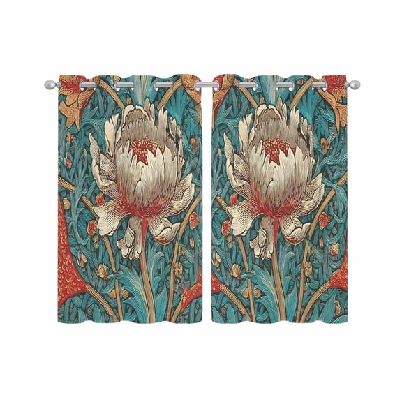 William Morris Plant Floral Sheer Curtains 39 Inch Length 2 Panels Set for Living Room/Bedroom, Retro Lotus Flower Leaves Kitchen Curtains Grommet Semi-Sheer Curtains Window Treatments 27.5"x39"x2