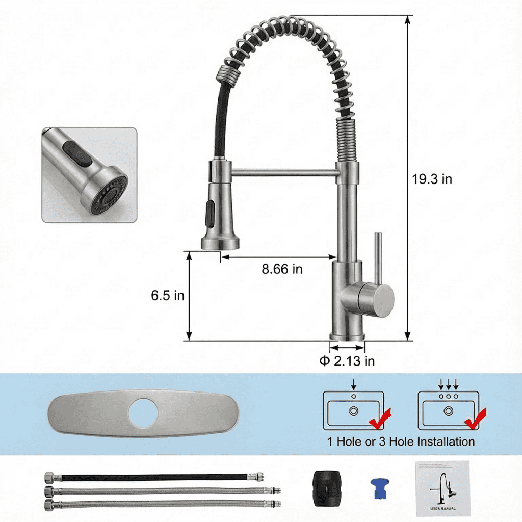 Kitchen Faucet with Pull Down Sprayer Industrial 1 Handle 1 Hole or 3 Hole Faucet for Farmhouse Camper Laundry Utility,Nickel