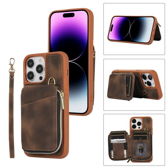ELEHOLD for iPhone 11 Pro,Luxury Zipper Wallet Case with Card Slots Zipper Pocket Kickstand Function Wriststrap Crossbody Shoulder Strap Shockproof Purse Case,brown
