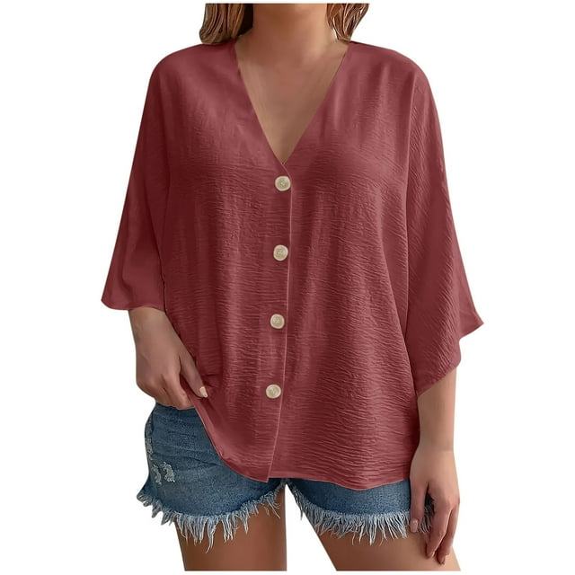 Diufon Women's Button Down Shirts 3/4 Sleev V Neck Tunic Blouses Plus Size Loose Flowy Cardigan Tops