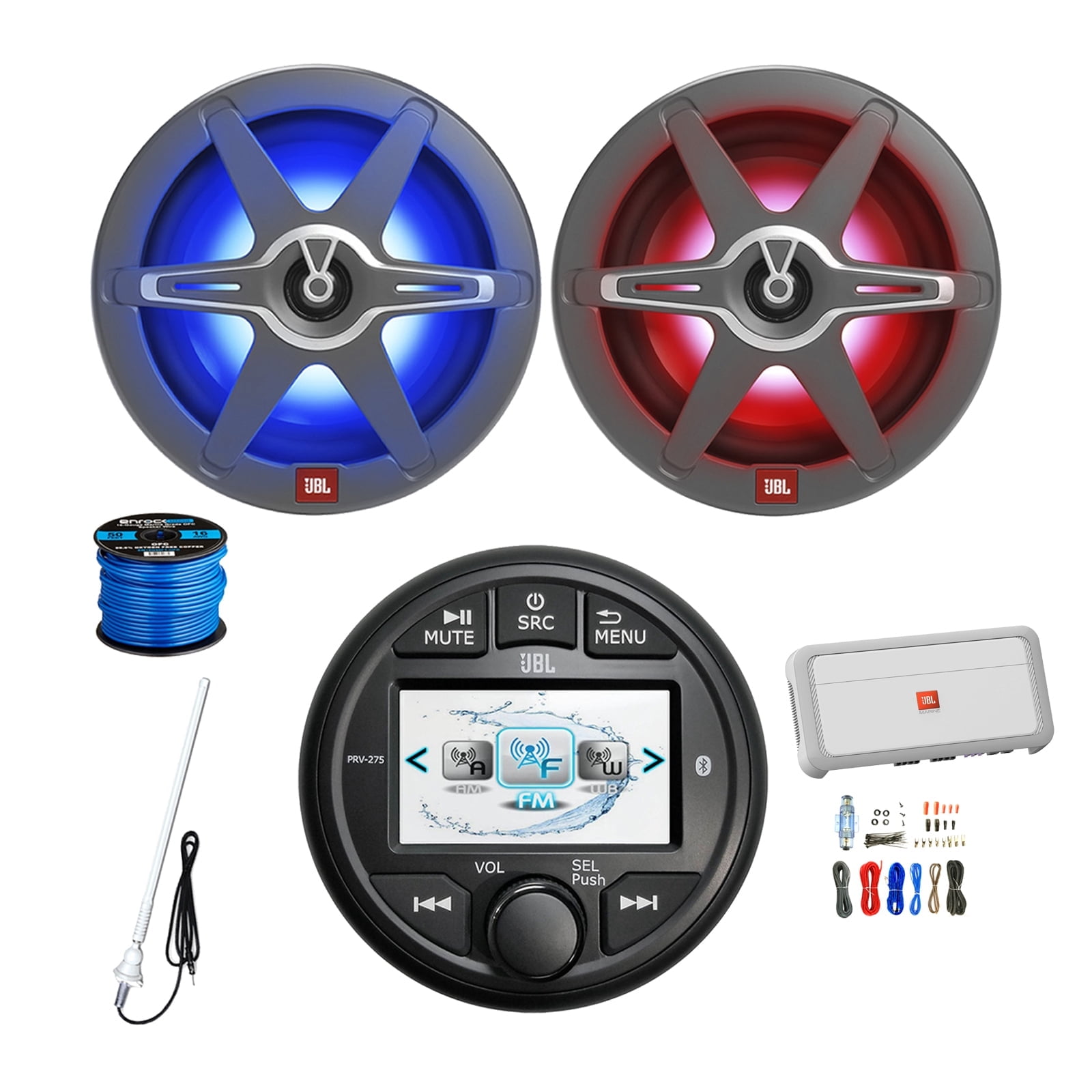 JBL PRV275 Gauge Style AM/FM/WeatherBand Radio Bluetooth Receiver, 2x 8" 450 Watt 2-Way Multicolor LED Outdoor Audio Speakers, Amplifier w/Install Kit, Radio Antenna, Wire