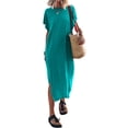thumbnail image 1 of Lucakuins - Vestido de playa informal de verano para mujer, color sólido, manga corta de murciélago, cuello redondo, vestido dividido Lucakuins  moda, 1 of 8