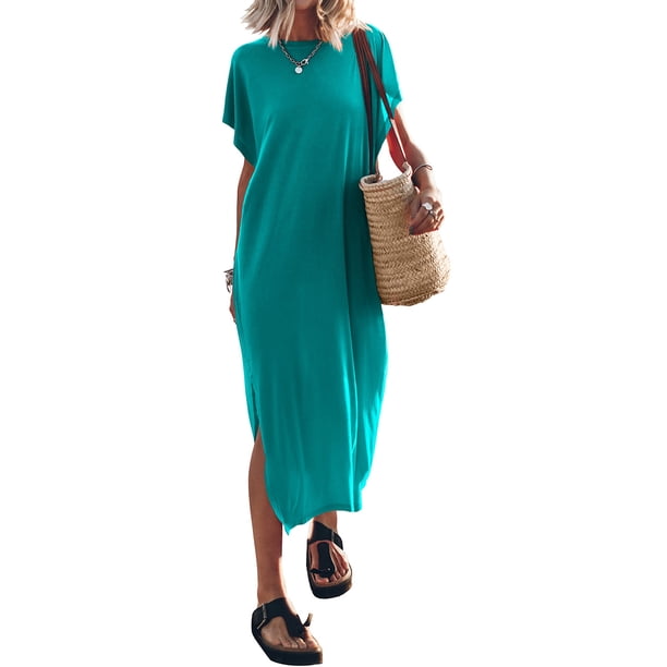 Lucakuins - Vestido de playa informal de verano para mujer, color sólido, manga corta de murciélago, cuello redondo, vestido dividido Lucakuins moda