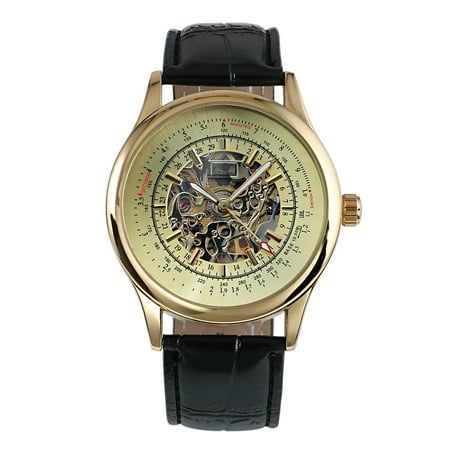 Luxury Leather Gift - Gold Face Hand-winding Mens Mechanical Watch Leather Strap Skeleton Luxury Gift