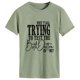 thumbnail image 2 of Camiseta informal holgada para una comodidad transpirable, manga corta, cuello redondo, talla S Top de verano verde oliva, estampado de letras en negro, 2 of 5