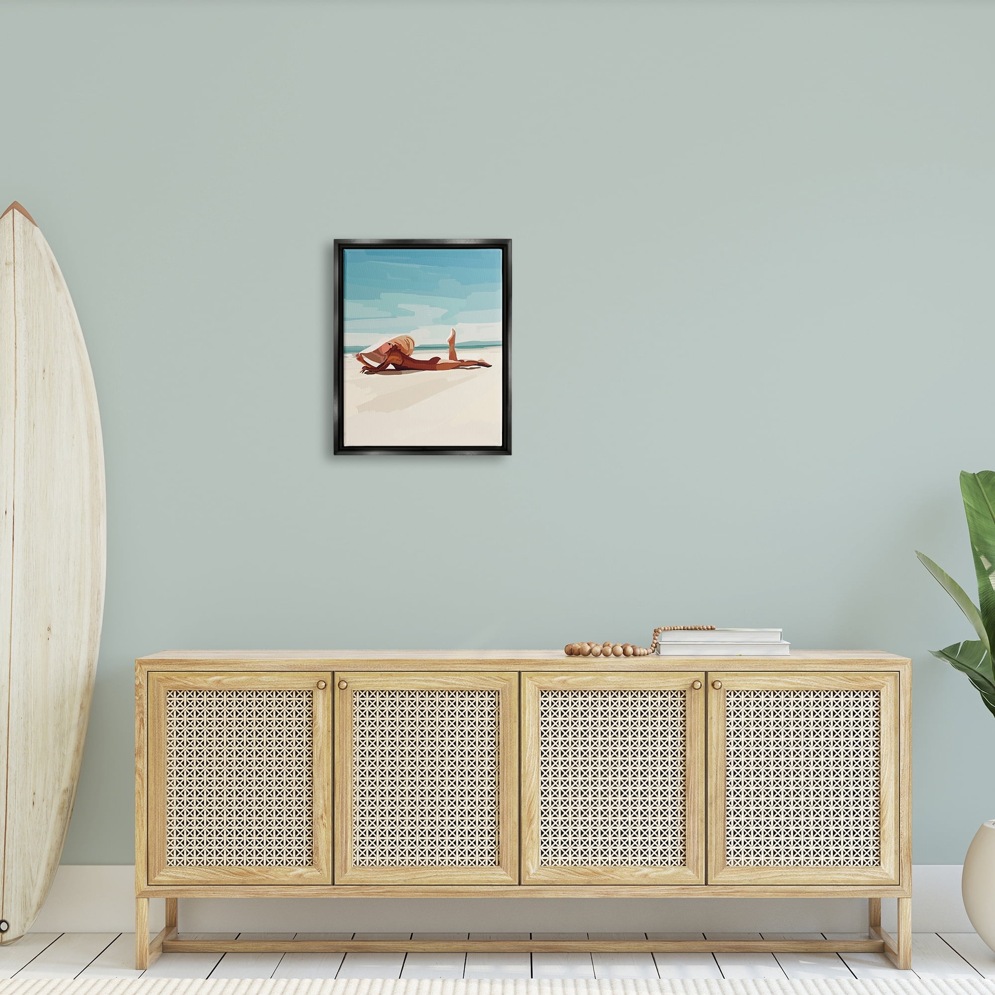 Stupell Industries Beach Babe Lounging Coastal Ocean Shoreline Graphic Art Jet Black Floating Framed Canvas Print Wall Art, Design by Amelia Noyes