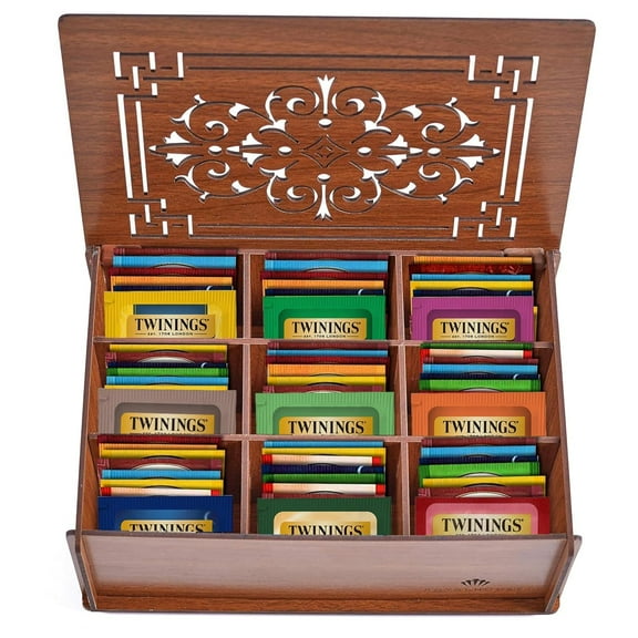Twinings Tea Sampler Collection – 80 Tea Bags, 22 Flavors/Assorted Tea, Gift Set in Decorative MDF Box – Wooden Organizer Tea Chest Included – Ideal for Home, Office, Family & Friends (Brown MDF Box)